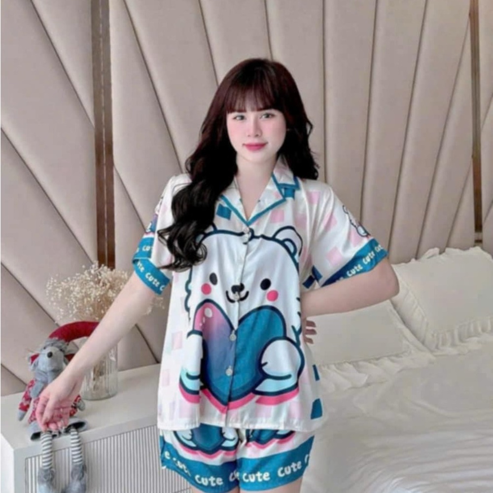 Cute Bear Print Pajama Set - Blue